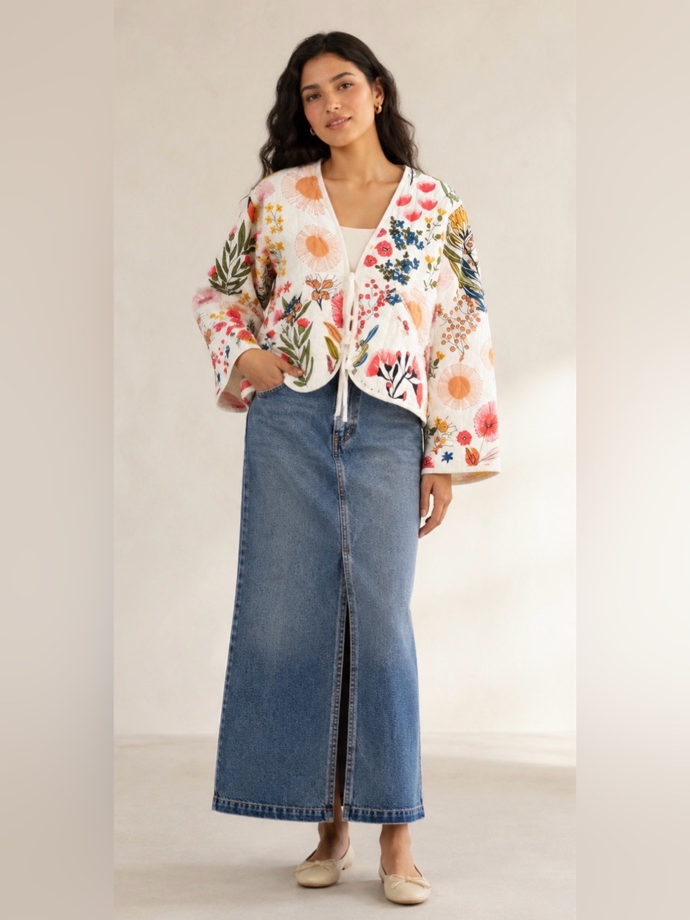 Handmade Floral Quilted Cotton Jacket Open Front